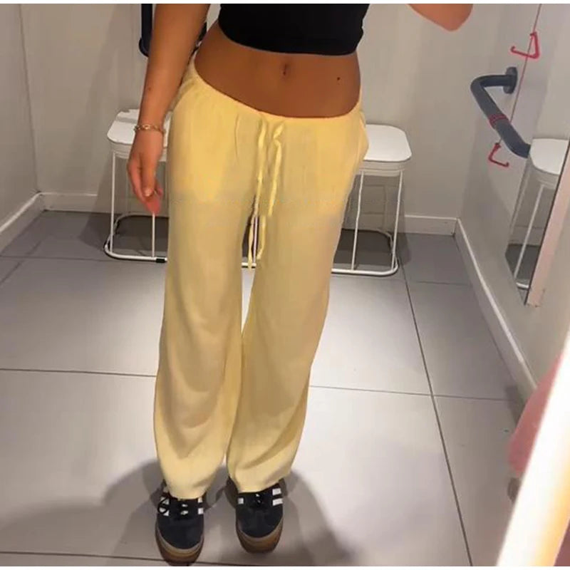 Aiertu  -  Casual Baggy Pants Women High Waist Wide Leg Straight Drawstring 2025 Summer Trouser Low Waist Striped Holiday Street Pants Aiertu
