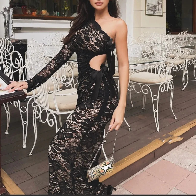 Aiertu  -  Elegant Single Shoulder Sleeve Lace Hollow Body Long Dress Women's New Sexy Lace Butterfly Party Club Vacation Beachwear Aiertu