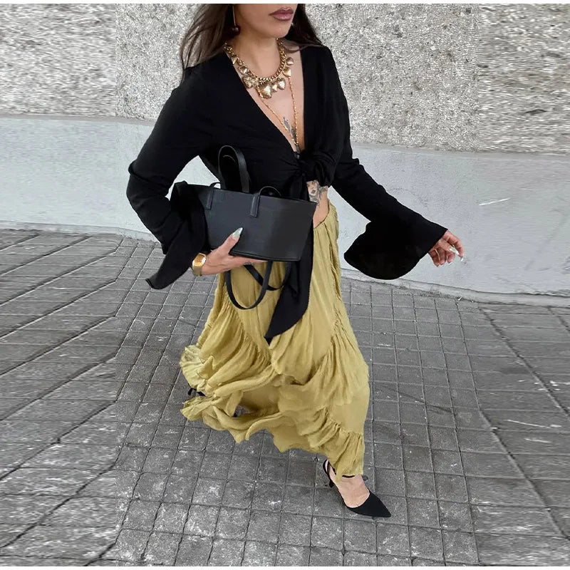 Aiertu  -  Irregular Multi-layer Ruffles Skirt Women Ribbon Pleated Elegant High Waist A-line Skirts 2025 Summer New Street Fold Lady Robe Aiertu