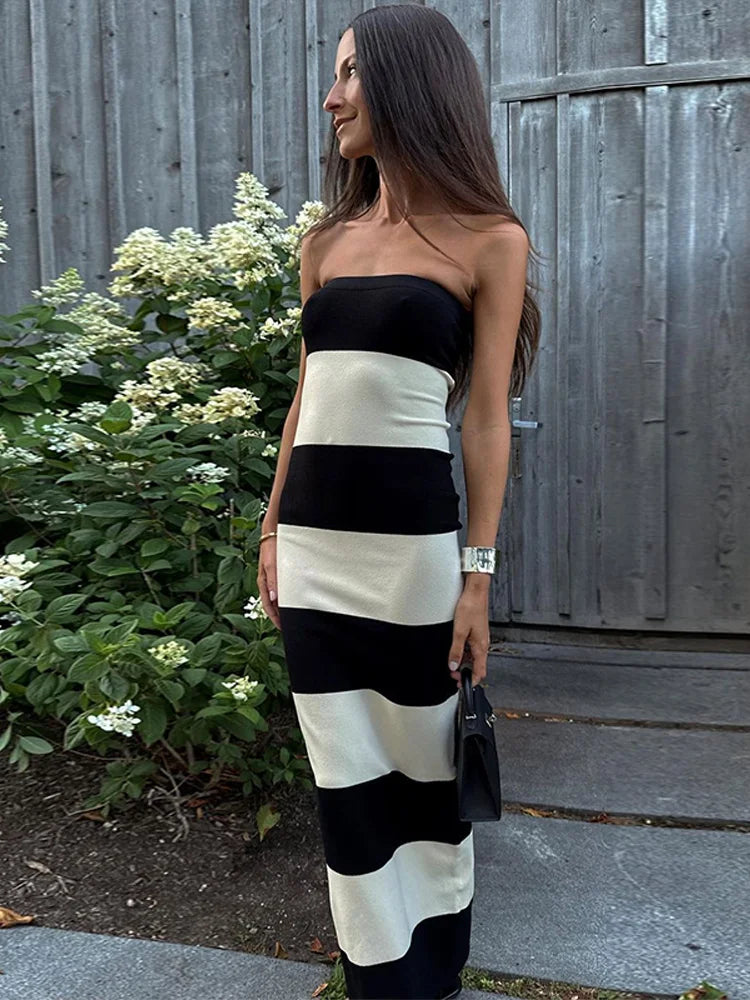 Aiertu  -  Knitted Striped Tube Tops Long Dress Long Jacket Women Set Backless Robe Long Sleeved Single Breasted Jacket Spring Summer Suit Aiertu