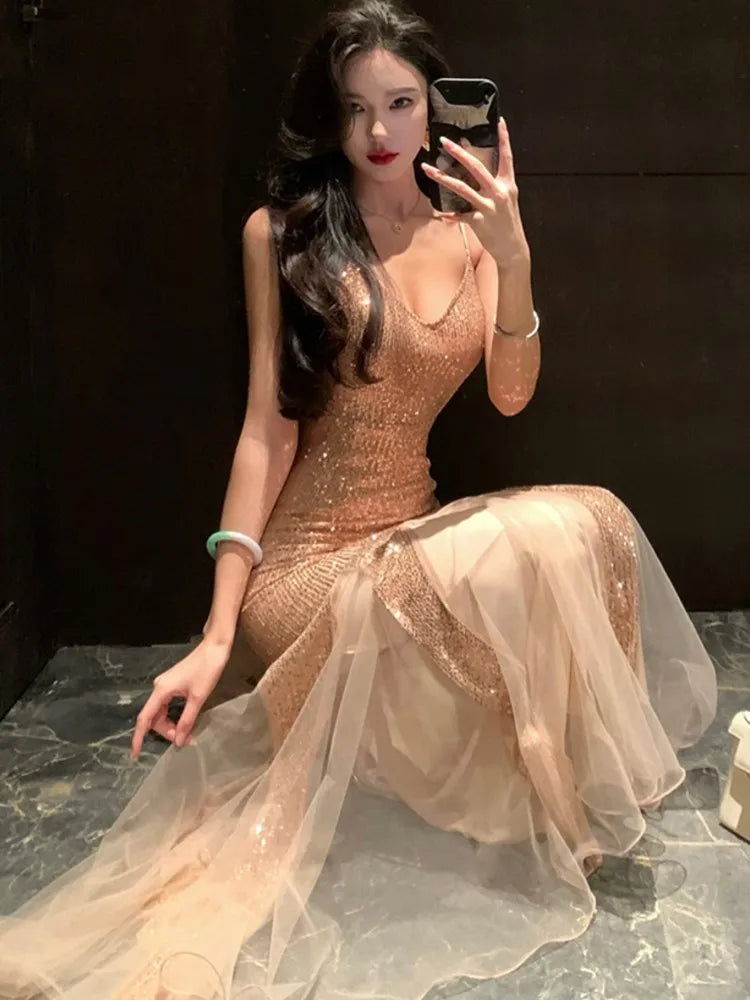 Aiertu  -  Sexy Sequin Womens Dresses Elegan Mesh Patchwork Wedding Evening Party Mermaid Dress Summer Spring Female Vestidos Long Robe New Aiertu