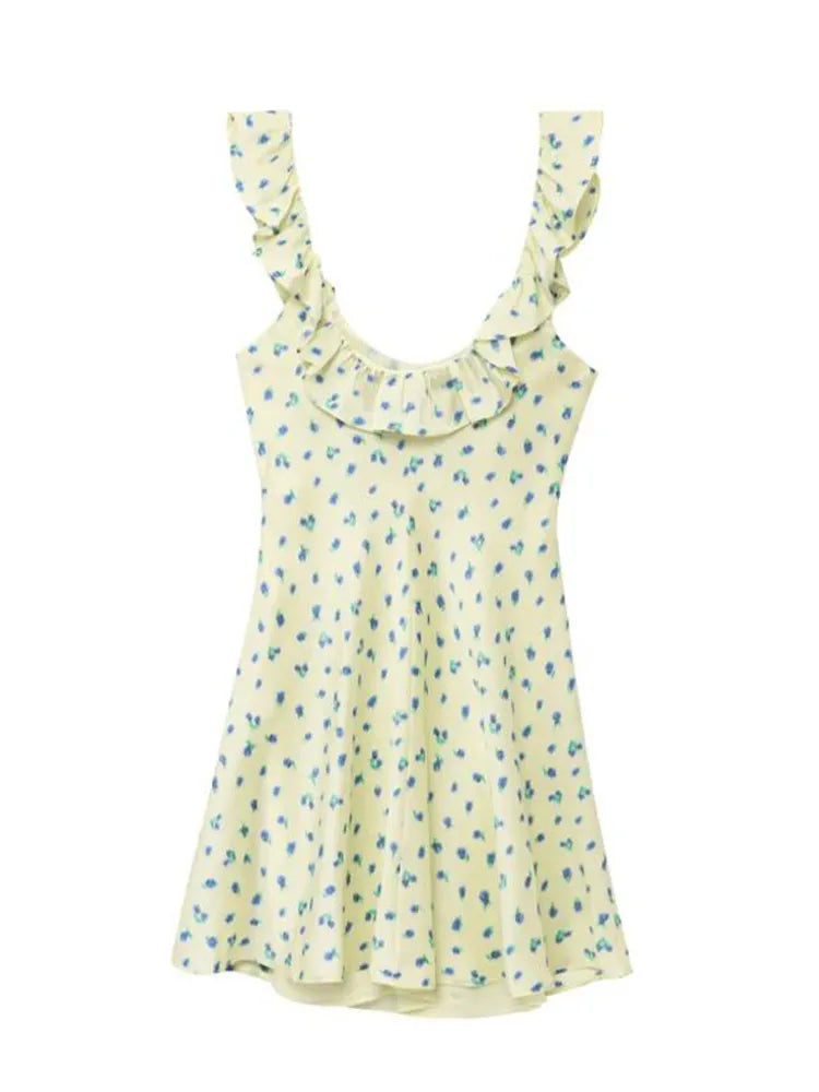 Aiertu  -  Women's Floral Print Mini Dresses 2026 Summer Sleeveless U Neck Ruffled Hem Vacation Outfit Light Green Leaf Elegant Party Dress Aiertu