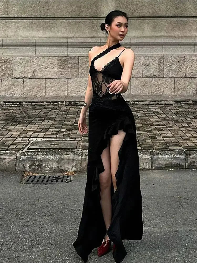 Aiertu  -  Sexy Hollow Out Dress Women Sling Backless Irregular Ruffle Hem Split Dresses Female 2025 Spring Summer Lace Club Bar Lady Robe Aiertu