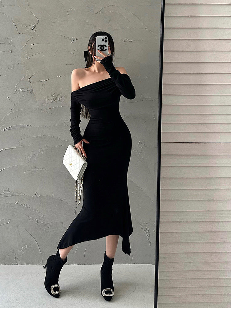 Aiertu Solid Color Slim Off The Shoulder Long Sleeve Dress Aiertu