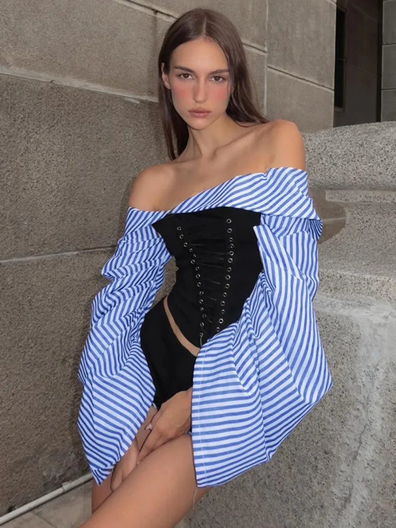Aiertu  -  Fashion Chic Women Long Sleeve Striped Long Sleeve Corset Shirts + Shorts 2 Piece Sets High Street Tunics Bandage Female Suit Aiertu