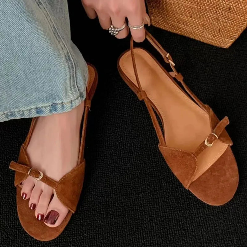 Aiertu  -  Women's Fashion Sandals New Summer Round Head Soft Frosted Open Toe Hollow Belt Buckle Flats Aiertu