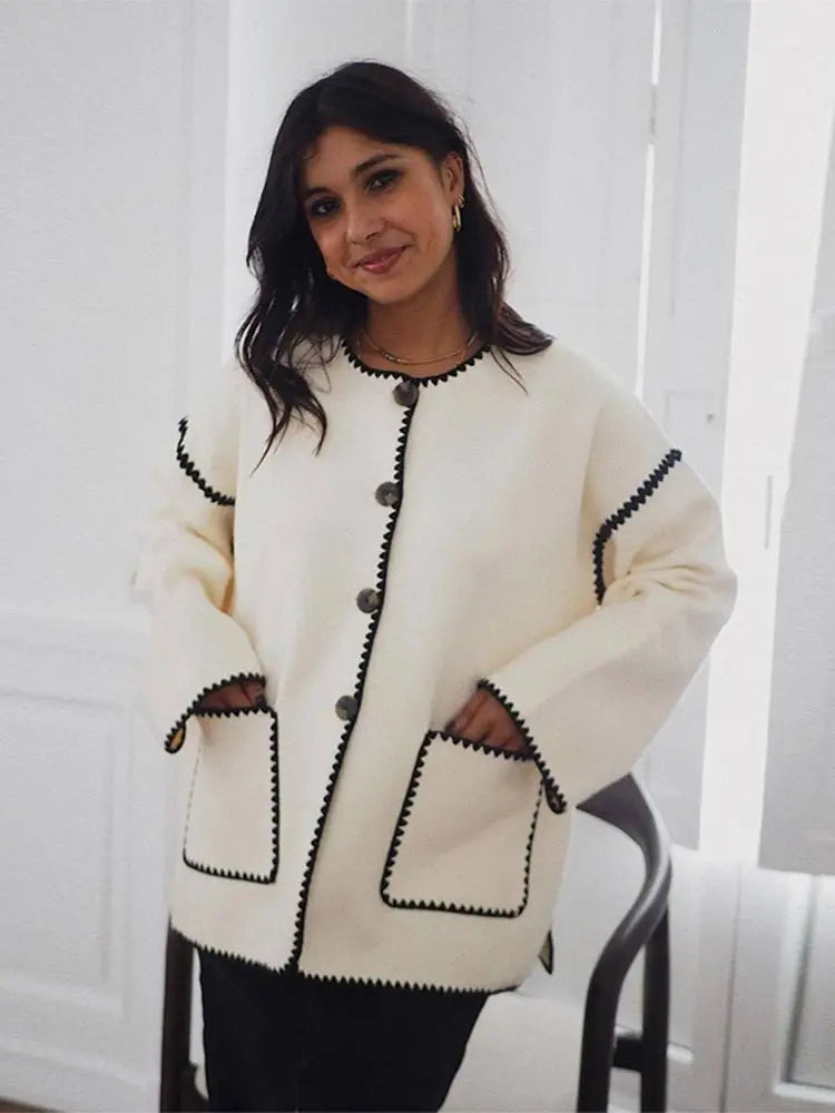 Aiertu  -  Autumn Women Contrast O Neck Loose Jacket Femlae Elegant Long Sleeves Loose Coat 2026 New Winter Lady High Street Outercoat Aiertu