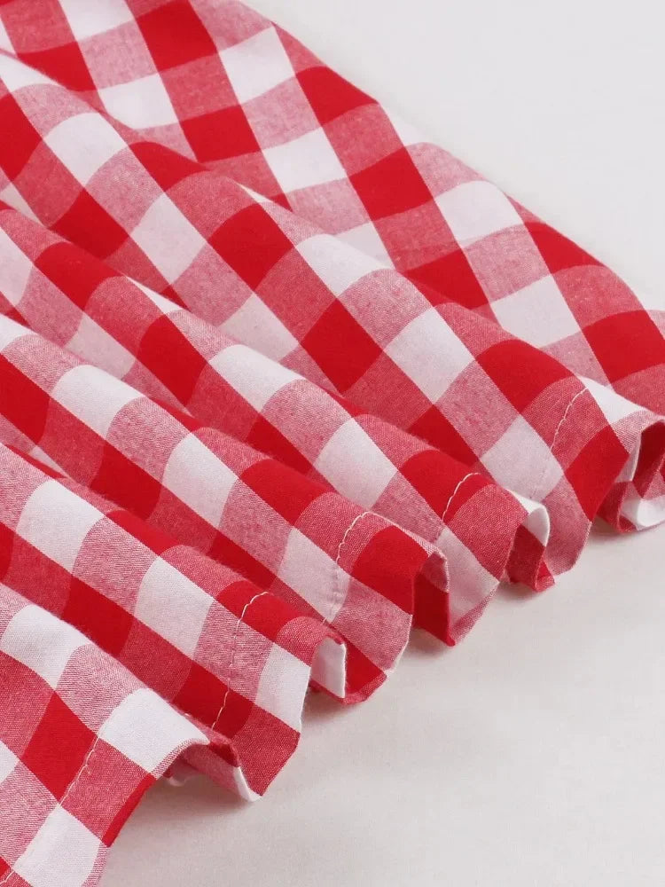 Aiertu  -  party look snspos 2025 New Vintage Elegant Red Gingham Cotton Midi Dresses for Women Notched Collar Buttons Belted 1950s Retro Plaid Peplum Dress Aiertu