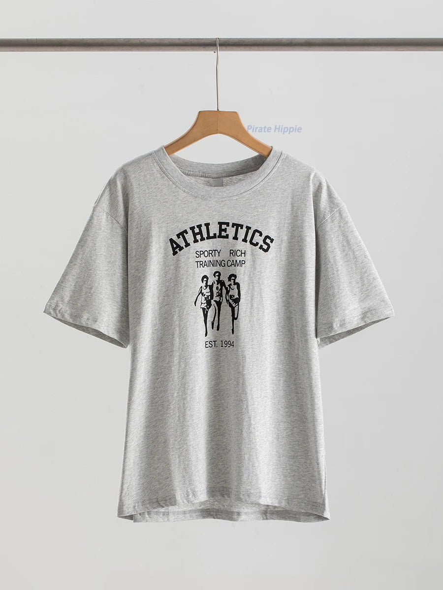 Aiertu  -   Sporty Letter Print T-shirt Women Round Neck Cotton Cozy Casual Short Sleeve Tees 2026 Summer New Classic Fashion T-shirts Aiertu