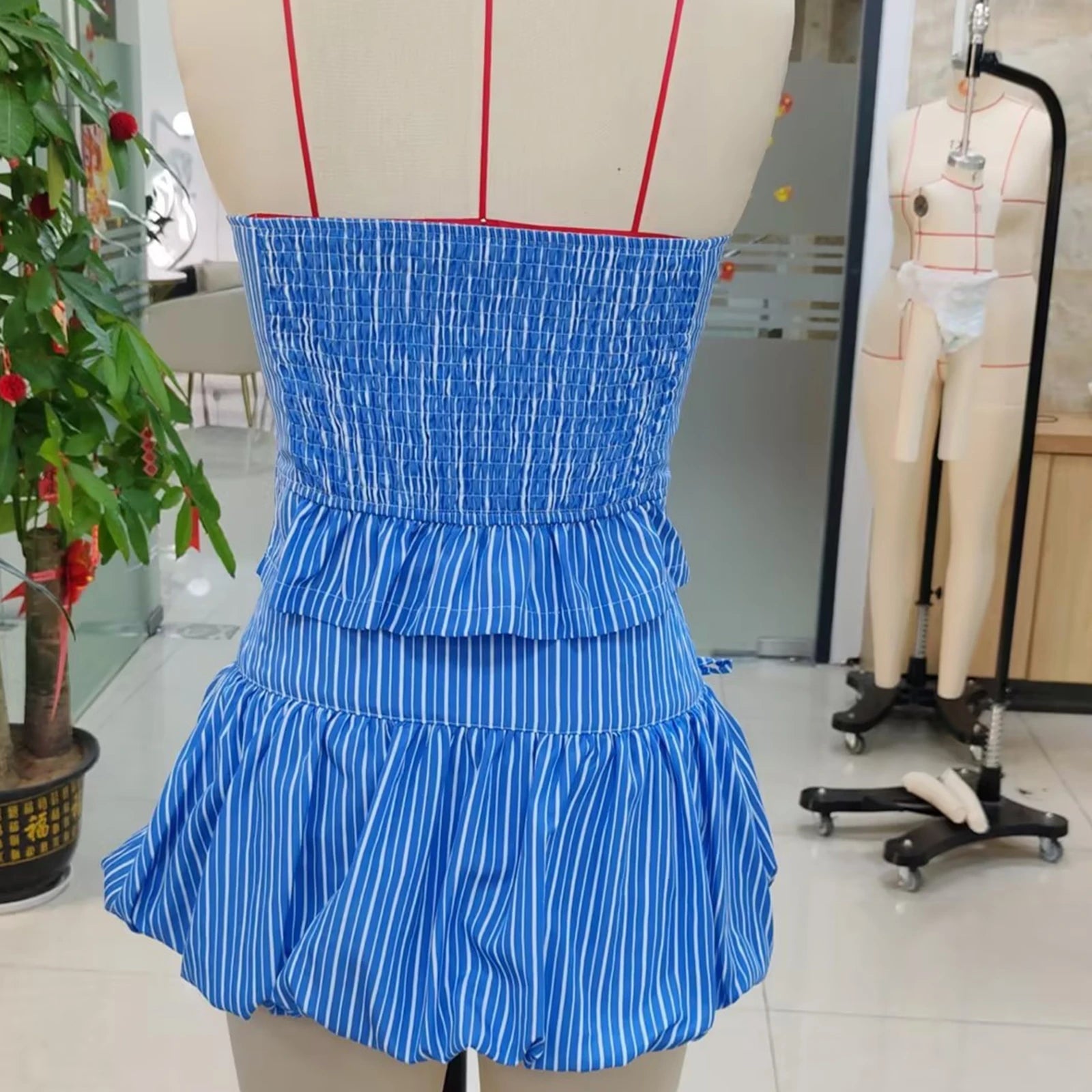 Aiertu  -  Women 2-Piece Outfits Strapless Striped Print Button Bandeau and Mini Bubble Skirt Set for Streetwear Aesthetic Clothes Aiertu