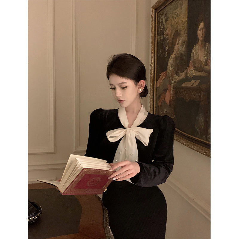 Aiertu Vintage Bow Shirts Women Elegant Black Velvet Blouses Office Lady Korean Party Long Sleeve Chic Basic All Match Tops New Aiertu
