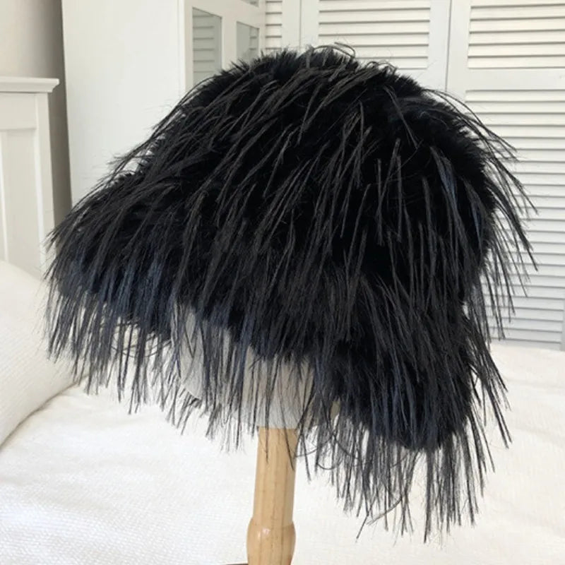 Aiertu  -  Luxury Plush Faux Fur Bucket Hats For Women Fashion Winter Ostrich Feather Female Thicken Warm Fisherman Caps Party Panama Bob Aiertu