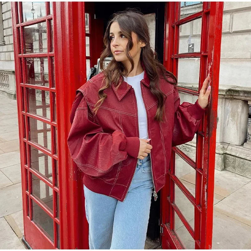 Aiertu  -  Loose Patchwork Leather Jackets Women Fashion Lapel Zipper Pockets Long Sleeve Coats 2026 Autumn New Female Chic Tops Streetwear Aiertu