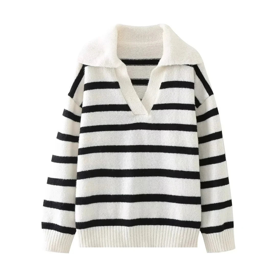 Aiertu  -  Knitted Striped Pullovers Women Casual Basic Winter Sweater Jumper Turn Down Collar Loose Vintage Sweater Sueter Mujer Aiertu