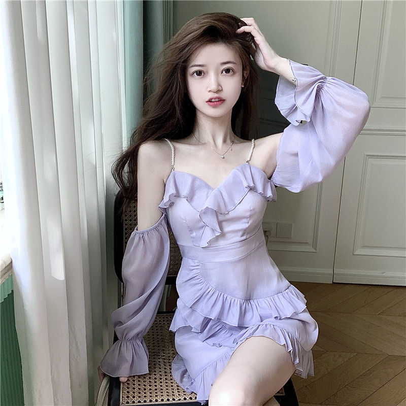 Aiertu Purple Off Shoulder Kawaii Dress Women Ruffle Patchwork Sweet Party Mini Dress Female Korean Fashion Slim Sexy Fairy Dress 2025 Aiertu