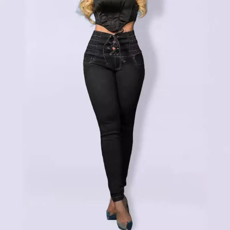Aiertu  -   party look snspos Women Fashion Lace Up Jeans Woman High Elastic Waist Skinny Pocket Ankle Length Jeans Female Casual Denim Pants Aiertu