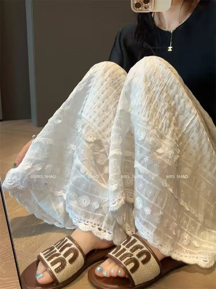 Aiertu  -  Simple elastic heavy industry hollow plaid pants lace splicing lazy wide-leg pants vacation style design casual pants Aiertu