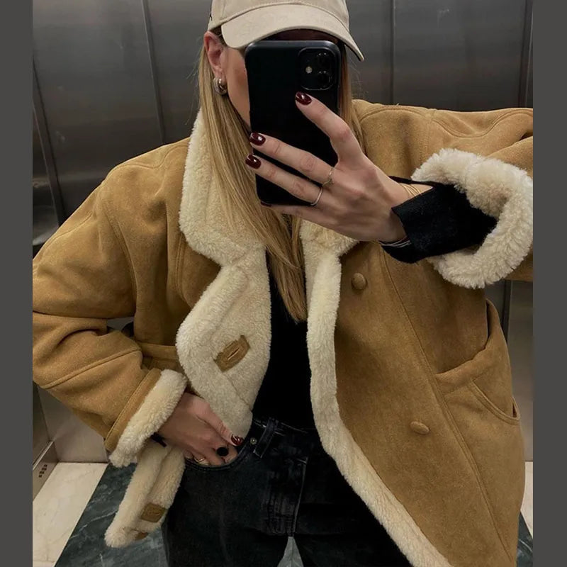 Aiertu  -  Vintage Patchwork Women Jacket Lapel Lamb Wool Pocket Lady Coat 2024 Fashion Full Sleeve Autumn Winter Warm Thicken Female Top Aiertu