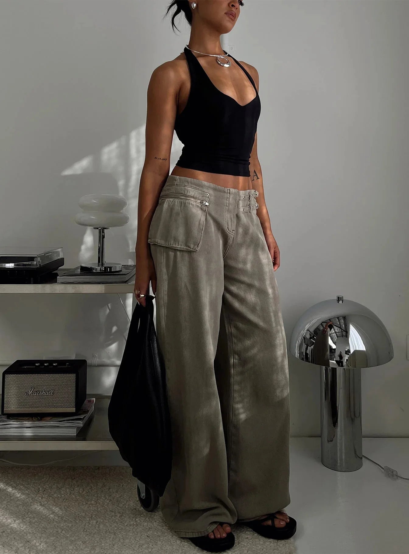 Aiertu  -  Pocket Adjustable Waist Wide Leg Pant Women Low Rise Waist Baggy Denim Trouser Streetwear Fashion Vintage Jeans Femme Summer New Aiertu
