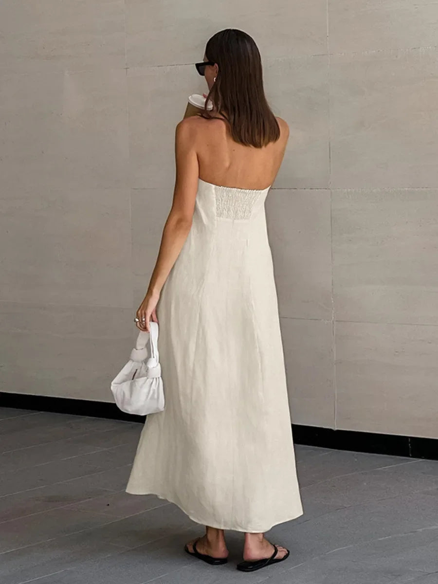 Aiertu  -  Summer New Cotton Linen Strapless Dress Women's Vacation Style Off Shoulder Dress Fashion Female Backless Long Skirt Aiertu