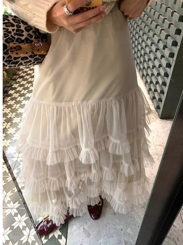 Aiertu  -  Sweet Chic Ruffle Mesh Tutu Cake Skirt Elastic Waist Beige Streetwear Long Skirt 2025 New Spring Summer A-line Fashion Skirts Aiertu