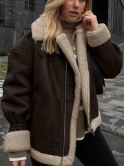 Aiertu  -  Vintage Plush Suede Zipper Jackets Women Casual Loose Lapel Brown Jacket Coats With Pockets Female Winter Warm Street Outwear Aiertu