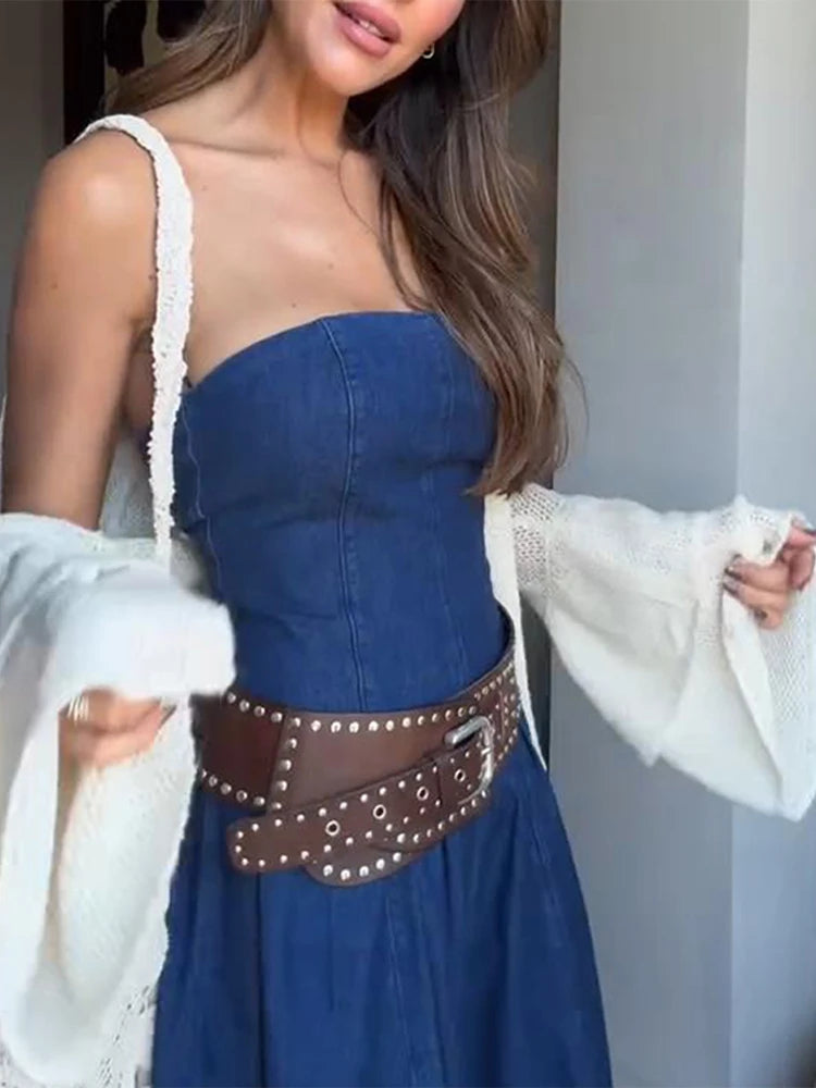 Aiertu  -  Strapless Denim Long Dress Sexy Backless Waist Cinched Cowboy Pleated Dresses Off Shoulder Street Trends Robes Women's Clothing Aiertu