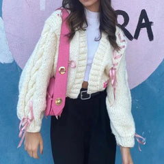Aiertu  -  Women Autumn Winter Long Sleeve Sweater Y2K Aesthetic Grunge Retro Knitwear Coats Vintage Ribbon Bow Tie Up Knitted Cardigan Aiertu