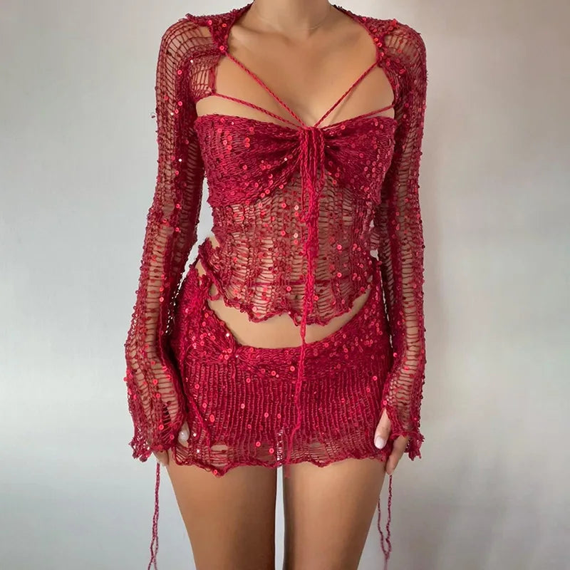 Aiertu  -  Knitted Skirt Sets Sequins Two Pieces Set Long Sleeve Crop Top and Skirt Suit Glitter Sets Sexy Crochet Matching Sets for Women Aiertu