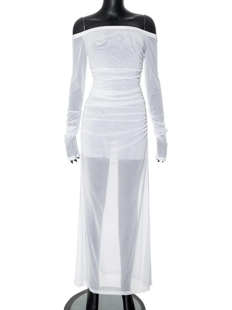 Aiertu  -  Womens Elegant Slash Neck Long Sleeve Mesh Dress 2026 Sexy Female See Through High Waist Folds Slim Fit Long Dresses White Black Aiertu