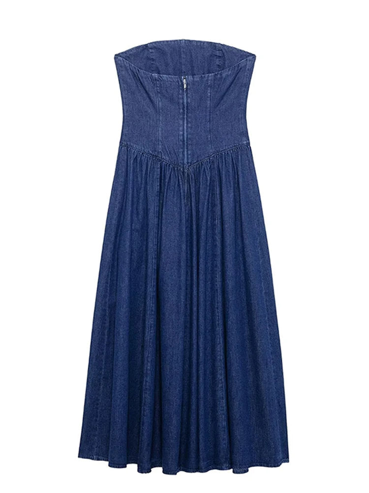 Aiertu  -  Strapless Denim Long Dress Sexy Backless Waist Cinched Cowboy Pleated Dresses Off Shoulder Street Trends Robes Women's Clothing Aiertu