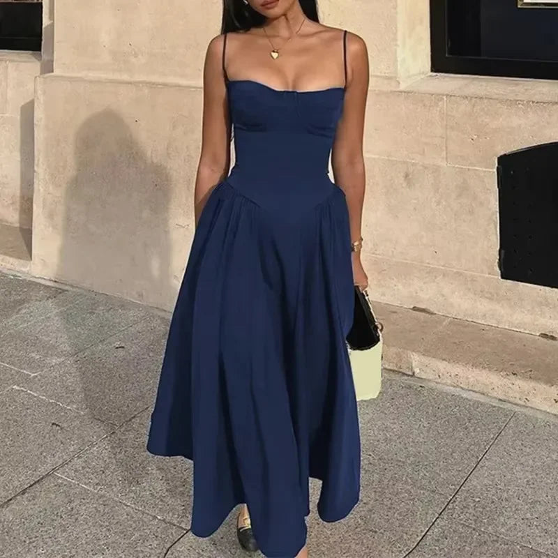 Aiertu  -   party look snspos Backless Spaghetti Strap Long Dress Women's Sexy Slim Sleeveless Party Resort Dress Solid A-Line Pleated Long Dress Aiertu