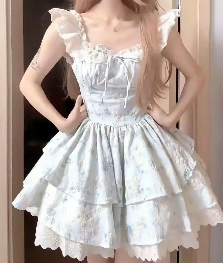 Aiertu  -  Hot Girl Lace Flying Sleeve Floral Dress for Women's Summer Slim Fit Square Collar A-line Short Dress Fashion Female Clothes Aiertu