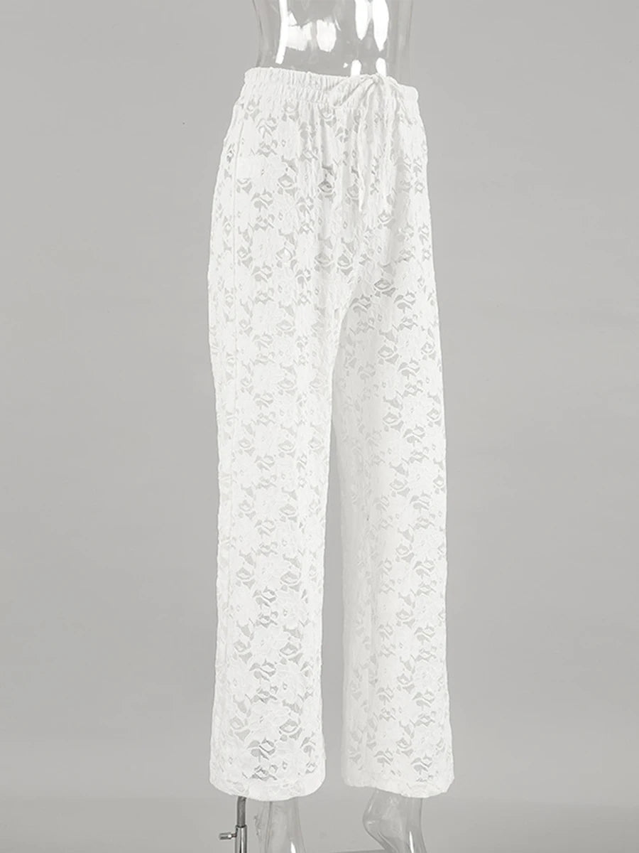 Aiertu  -  White Lace Jacquard Sheer Wide Leg Pant Women Drawstring High Waist Transparent Trouser Summer Sexy Casual Chic Bohemian Trouser Aiertu