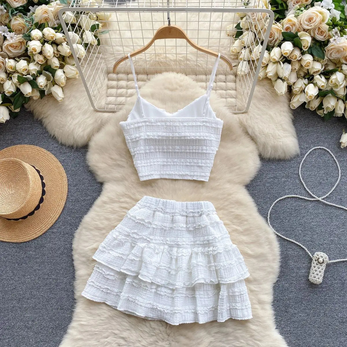 Aiertu  -  Suit V Neck Strap Crop Tops+Short Pleated Skirt Sweet Ruched Women Korean Style Chic Summer Beachwear Two Pieces Sets Suits Aiertu