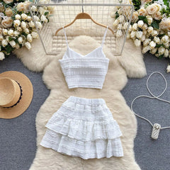 Aiertu  -  Suit V Neck Strap Crop Tops+Short Pleated Skirt Sweet Ruched Women Korean Style Chic Summer Beachwear Two Pieces Sets Suits Aiertu