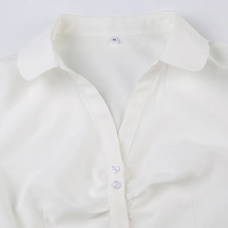 Aiertu  -  Y2k Aesthetic Pleated Puff Sleeve Women Blouse Sexy Single Breasted Slim Grunge Solid Shirt Harajuku Crop Streetwear Blusas Aiertu