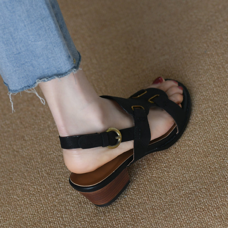 Aiertu  Summer Buckle Sandals  Open Toe Real Cow Leather Women Shoes On Heel 4CM Roman Style Ladies Shoes Chunky Heel Retro Sandals Aiertu