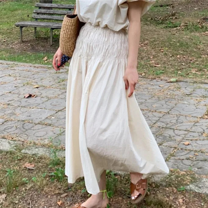 Aiertu  New Women Summer Vintage 2 Two Pieces Skirt Set Puff Sleeve Crop Top with Elastic High Waist Long Skirts Aiertu