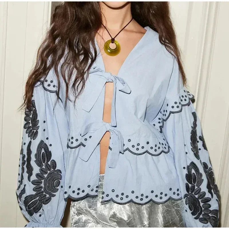 Aiertu  -  Casual Lace Up Women Embroidery Blouse V-neck Lantern Sleeve Blouse Wave Cut Eyelet Female Tops 2026 Spring Fashion Female Tops Aiertu