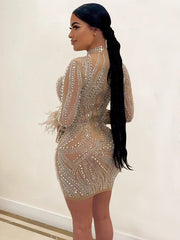 Aiertu  Woman Fashion Sexy Mesh See-through Long Sleeve Feathers Rhinestones Bodycon Party Dresses 2025  Package Hip Mini Nightclub Dress Aiertu