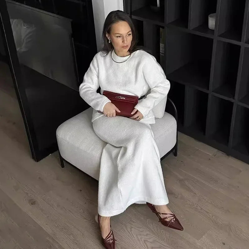 Aiertu     -  Fall Outfits 2026 Cozy Knit Pullovers Skirt Set Women Solid O-neck Full Sleeve Sweater High Waist Long Skirt 2026 Autumn Winter New Lady Knitwear Aiertu