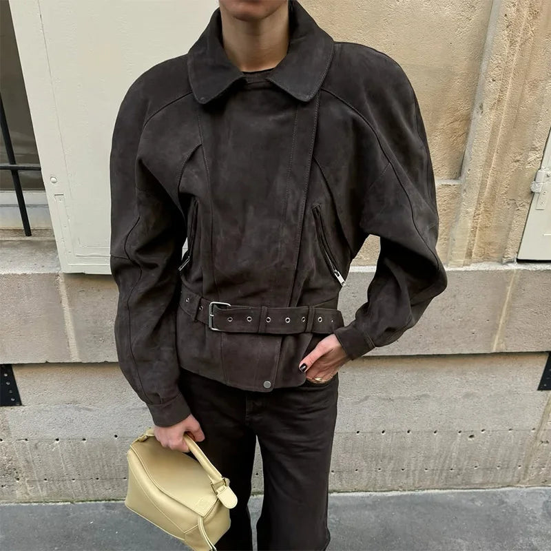Aiertu  -  Lace Up Suede Waist Cinched Jacket Coat With Belt Leather Jackets Zipper Silhouette Lapel Slimming Short Outwear Women Overcoat Aiertu