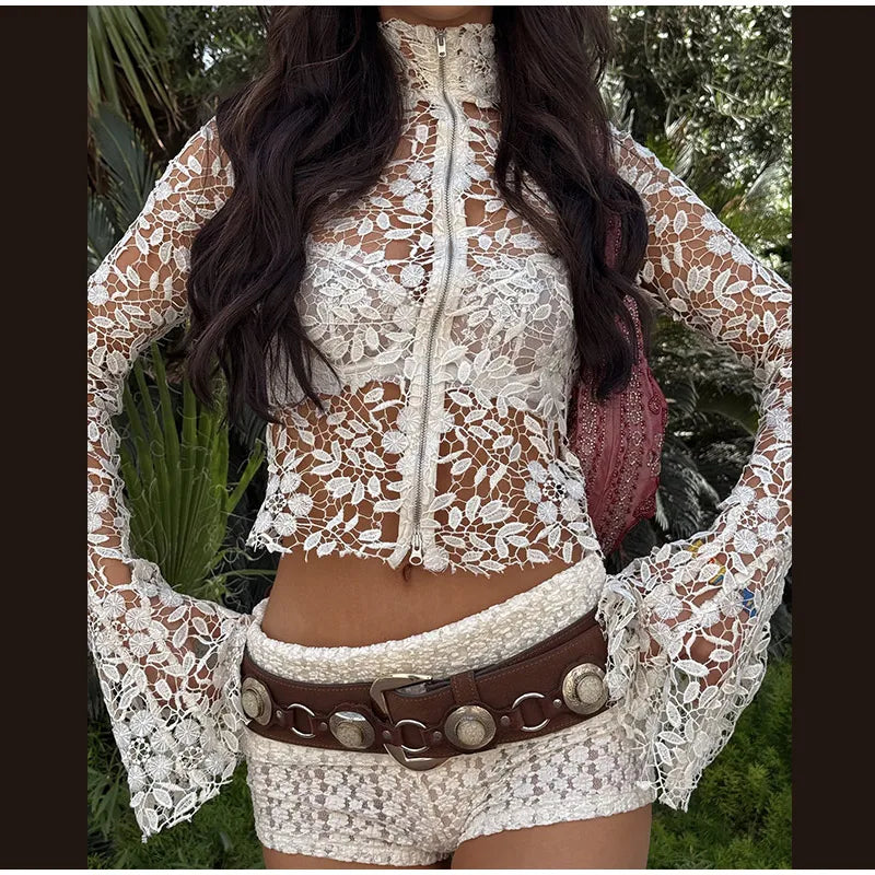 Aiertu  -  Lace Hollow Flared Sleeves Women's Top Stand Up Collar Zipper See Through Slim Shirt 2025 Summer Beach Holiday Female Blouse Aiertu