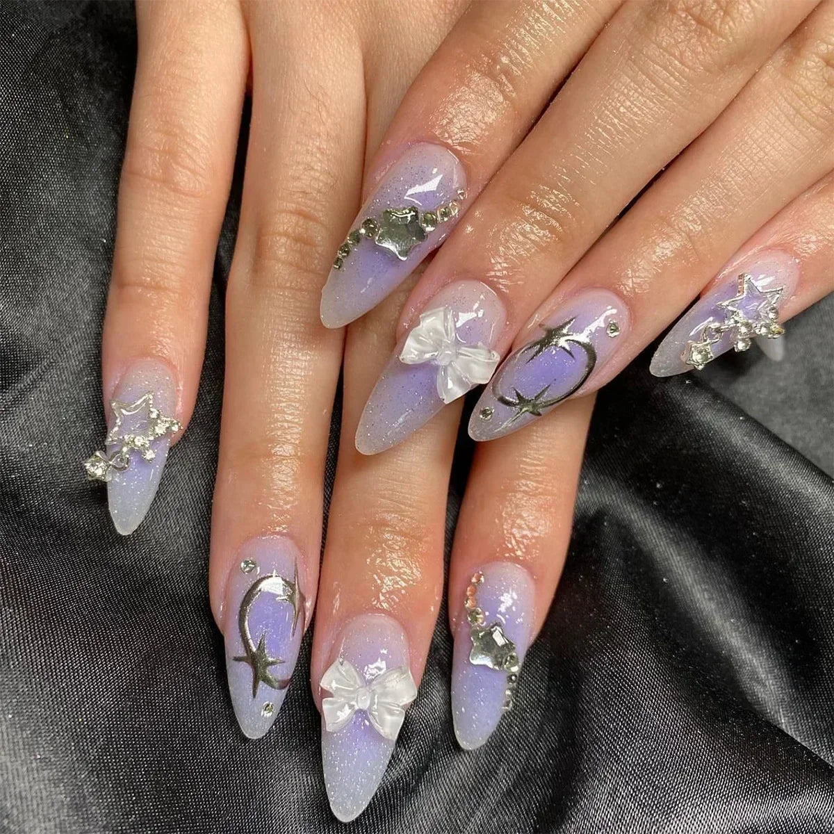 Aiertu 24Pcs Pink Almond French Press on Nails With 3D Bow ripple charms Design Fake Nails Ballerina False Nails Full Cover Nail Tips Aiertu