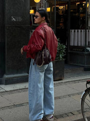 Aiertu  -  Women Vintage Wine Red Single Breasted Leather Jacket Elegant Lapel Long Sleeve Loose Short Coat Autumn Chic Lady Street Outwear Aiertu