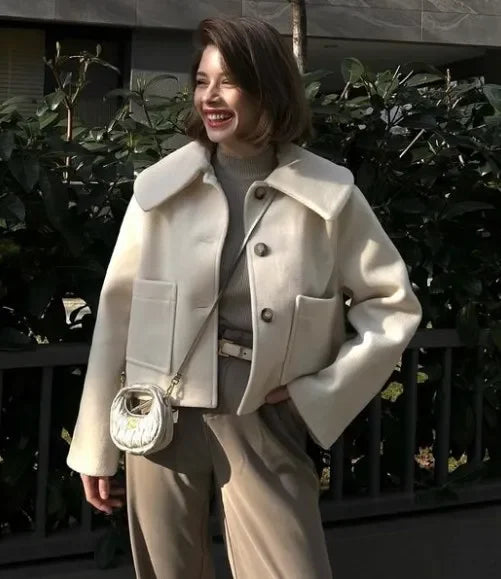 Aiertu      - 2026 Warm Lapel Long Sleeved With Pocket Crop Jacket Women's Single Breasted Casual Coat Autumn Winter Ladies Street Outerwear Aiertu