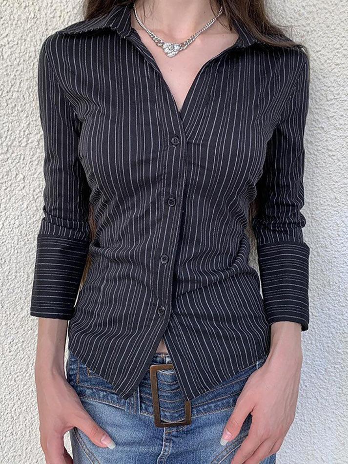 Aiertu  -Striped Button-Up Long Sleeve Shirt aiertu