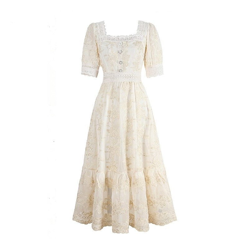 Aiertu Sweet Soft Girl A Line Dress Summer Lace Embroidery Button Decor Party Dresses Casual Street Boho Vestidos Midi Feminino Aiertu