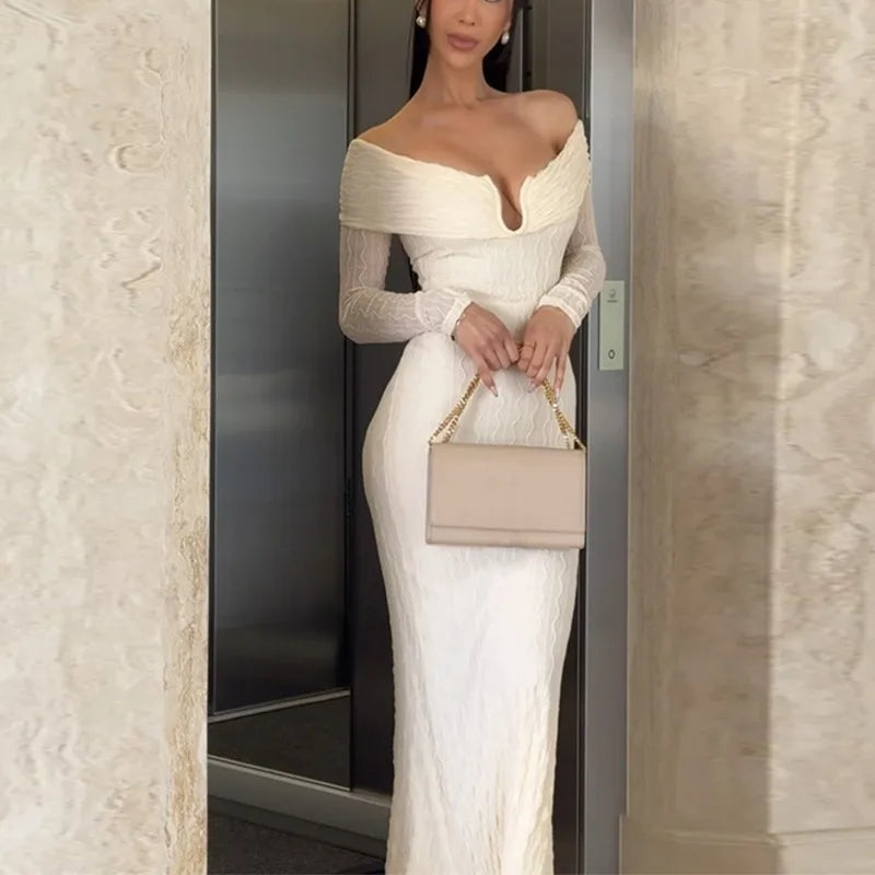 Aiertu  -  party look snspos Elegant Off Shoulder Long Dress Women's Solid Sexy Hollow Party Evening Gown Slim Long Sleeve Patchwork Long Dress Y2k Aiertu